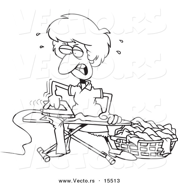 Vector of a Cartoon Mad Housewife Ironing Clothes - Coloring Page Outline