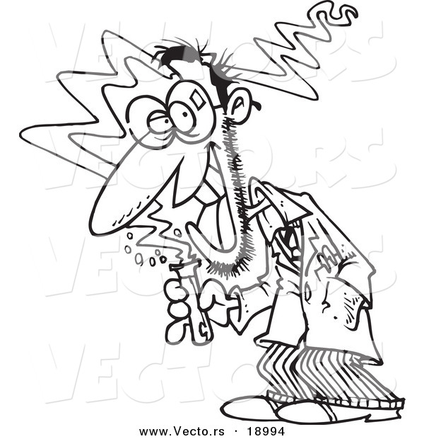 Vector of a Cartoon Mad Scientist Holding a Test Tube - Outlined Coloring Page