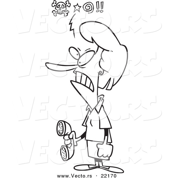 Vector of a Cartoon Mad Woman Holding a Telephone - Outlined Coloring Page