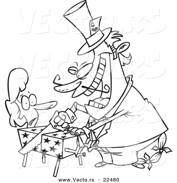 Vector of a Cartoon Magician Cutting a Woman in a Box - Coloring Page Outline