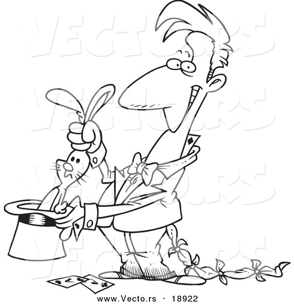 Vector of a Cartoon Magician with a Rabbit in a Hat - Outlined Coloring Page