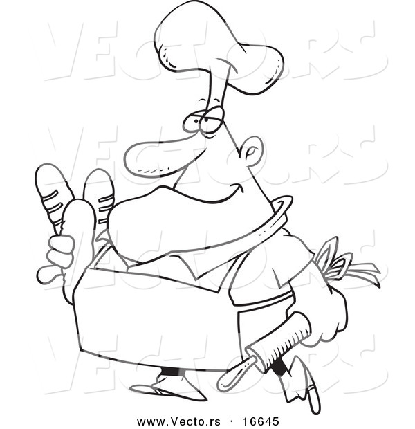 Vector of a Cartoon Male Baker Carrying Bread - Outlined Coloring Page Drawing