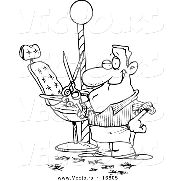 Vector of a Cartoon Male Barber Standing by His Chair and Holding up Scissors - Coloring Page Outline