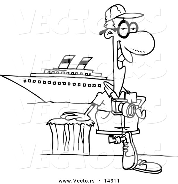 Vector of a Cartoon Male Cruise Tourist Posing by the Boat - Coloring Page Outline