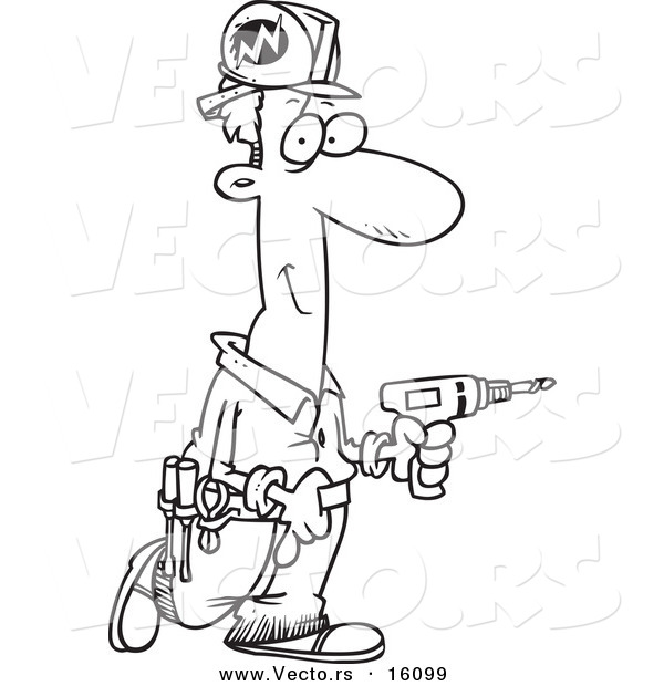 Vector of a Cartoon Male Electrician Carrying a Drill - Outlined Coloring Page Drawing