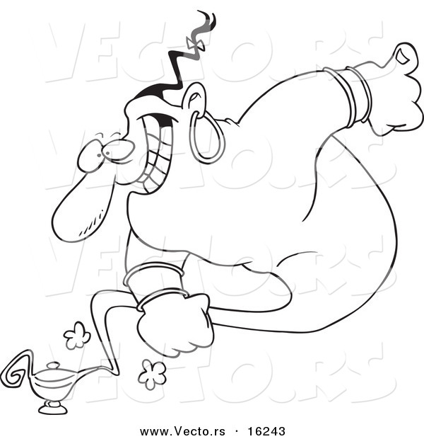 Vector of a Cartoon Male Genie Emerging from a Lamp - Outlined Coloring Page Drawing