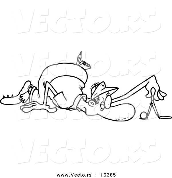 Vector of a Cartoon Male Golfer Measuring the Distance from the Ball and Hole - Outlined Coloring Page Drawing