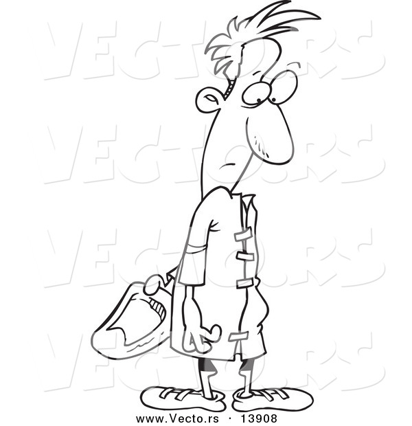 Vector of a Cartoon Male Patient Looking Back at the Velcro on His Hospital Gown - Coloring Page Outline