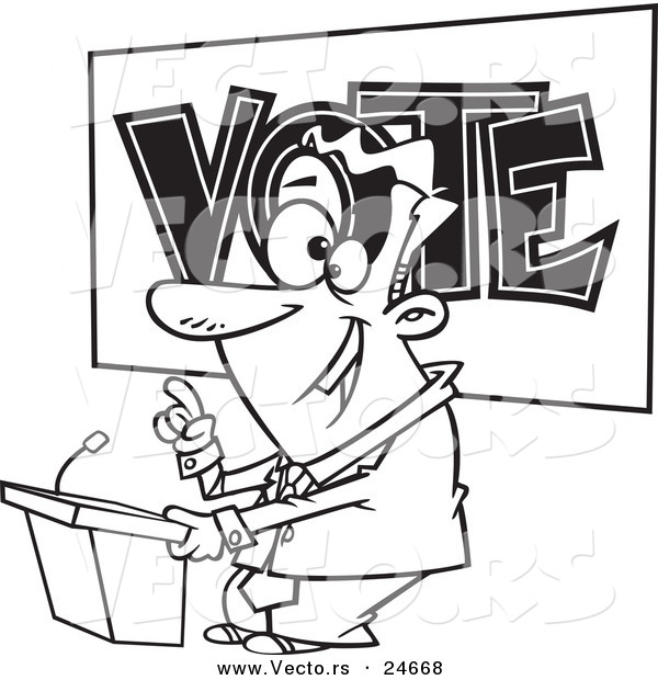 Vector of a Cartoon Male Politician Giving a Speech Before an Election - Outlined Coloring Page