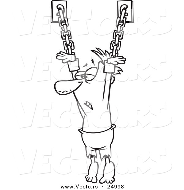 Vector of a Cartoon Male Prisoner Suspended from Chains - Outlined Coloring Page