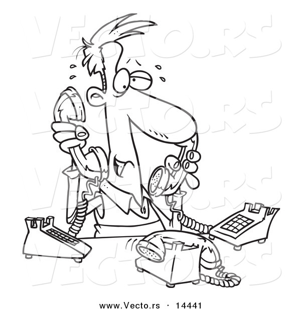 Vector of a Cartoon Male Telemarketer Handling Multiple Lines - Coloring Page Outline
