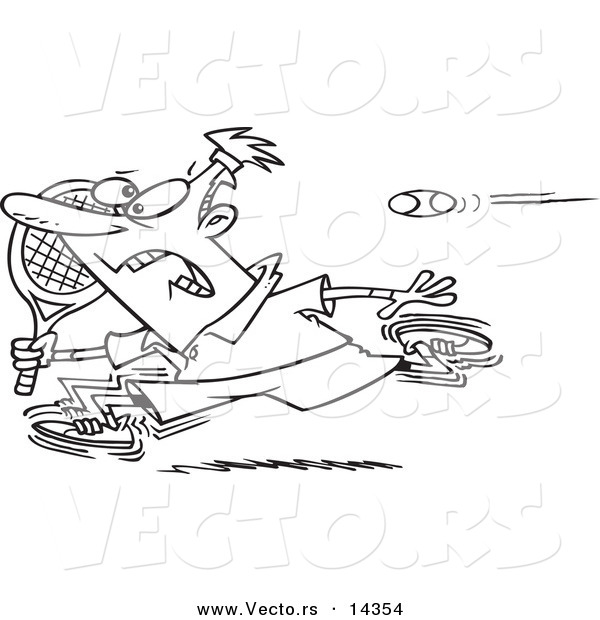 Vector of a Cartoon Male Tennis Player Running from the Ball - Coloring Page Outline