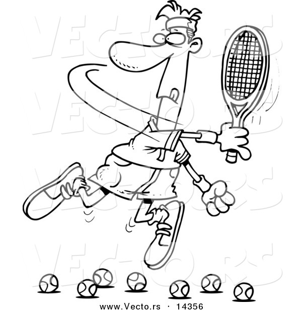 Vector of a Cartoon Male Tennis Player Trying to Hit Balls - Coloring Page Outline