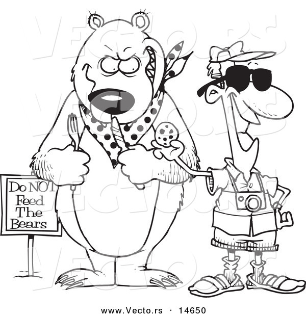 Vector of a Cartoon Male Tourist Feeding a Cookie to a Bear for a Photo Op - Coloring Page Outline