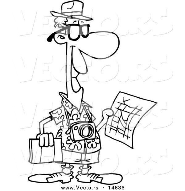 Vector of a Cartoon Male Tourist Holding a Map and Sight Seeing Book - Coloring Page Outline