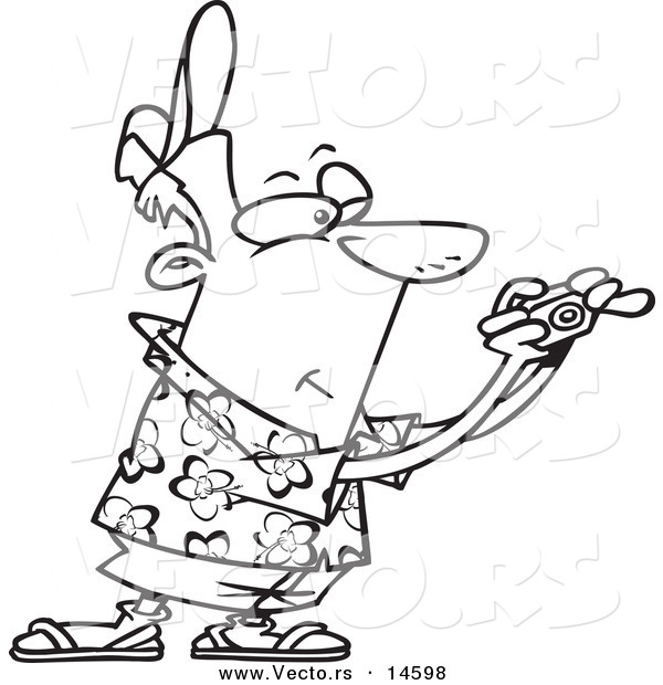 Vector of a Cartoon Male Tourist Holding His Camera out - Coloring Page Outline