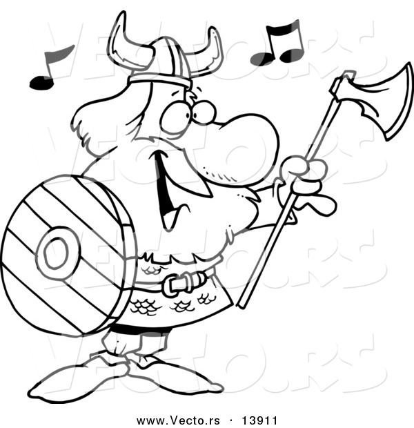 Vector of a Cartoon Male Viking Holding an Ax and Shield and Singing - Coloring Page Outline