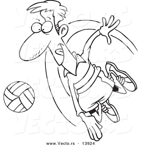 Vector of a Cartoon Male Volleyball Player Hitting a Ball - Coloring Page Outline