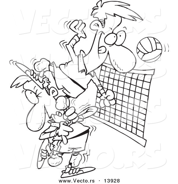 Vector of a Cartoon Male Volleyball Player Stepping on a Team Mate to Hit the Ball - Coloring Page Outline