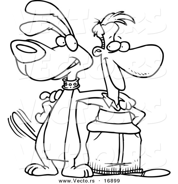 Vector of a Cartoon Man and Dog Standing Together - Coloring Page Outline