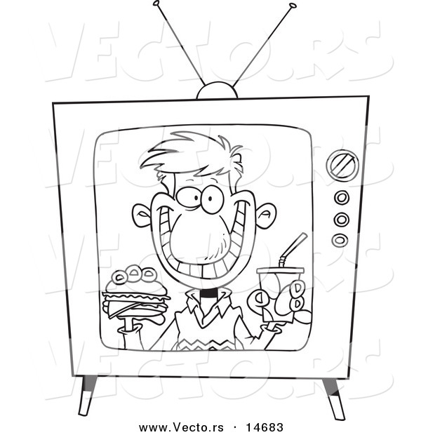 Vector of a Cartoon Man Appearing on a Fast Food Television Commercial - Coloring Page Outline