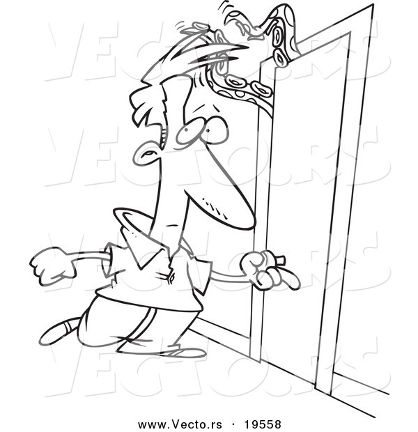Vector of a Cartoon Man Approaching a Door with a Tentacled Monster - Outlined Coloring Page