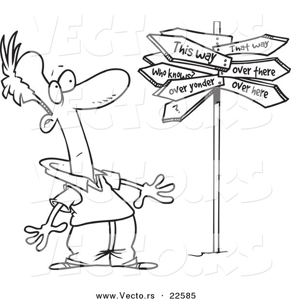 Vector of a Cartoon Man at a Crossroads with a Crazy Sign - Coloring Page Outline
