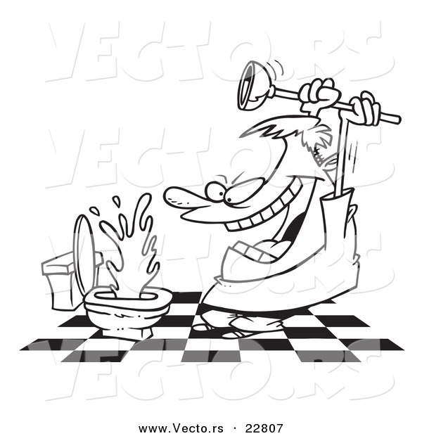 Vector of a Cartoon Man Attacking a Toilet with a Plunger - Coloring Page Outline