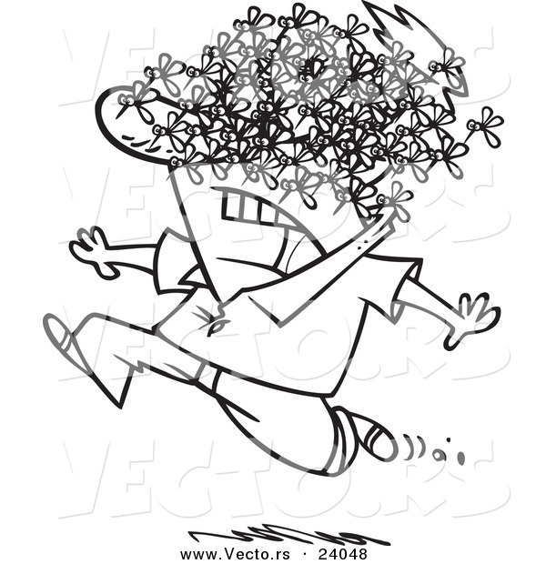 Vector of a Cartoon Man Being Attacked by a Swarm of Bees - Coloring Page Outline