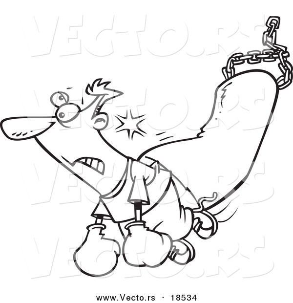 Vector of a Cartoon Man Being Knocked out by a Punching Bag - Outlined Coloring Page