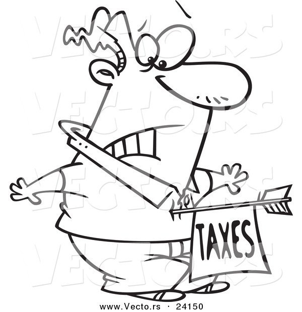 Vector of a Cartoon Man Being Struck with a Taxes Arrow - Coloring Page Outline