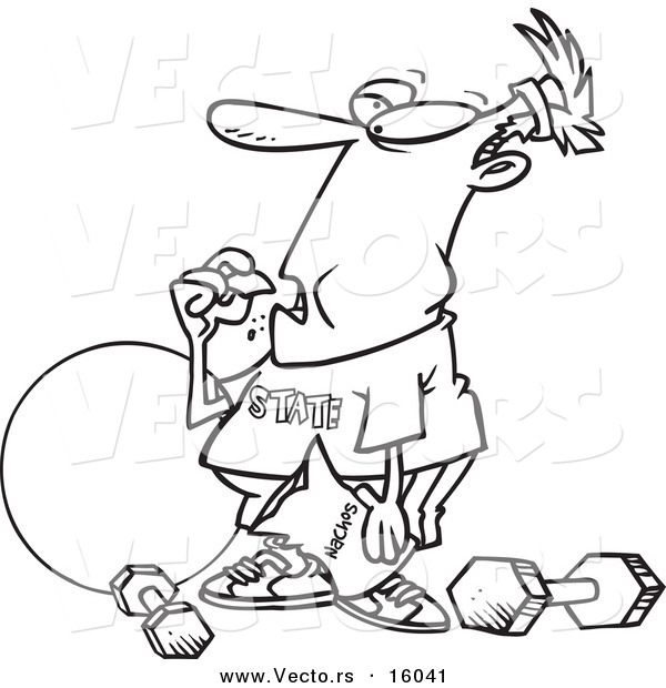 Vector of a Cartoon Man Bingeing Instead of Exercising - Outlined Coloring Page Drawing