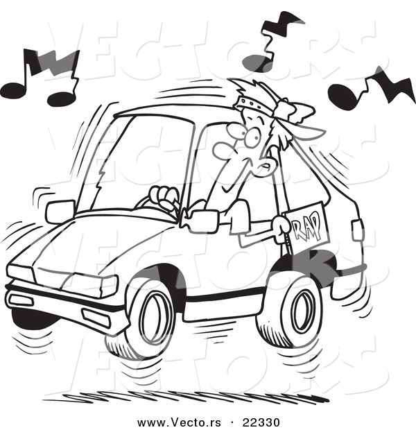 Vector of a Cartoon Man Blaring Rap Music in His Car - Coloring Page Outline