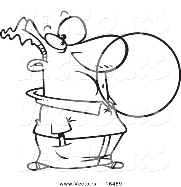 Vector of a Cartoon Man Blowing a Big Bubble with Chewing Gum - Outlined Coloring Page Drawing