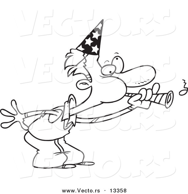 Vector of a Cartoon Man Blowing a Party Horn - Coloring Page Outline