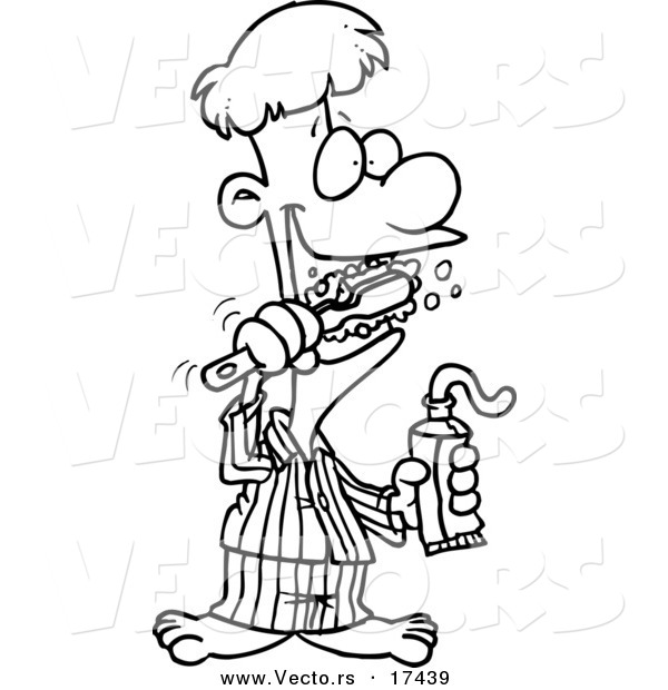 Vector of a Cartoon Man Brushing His Teeth - Coloring Page Outline