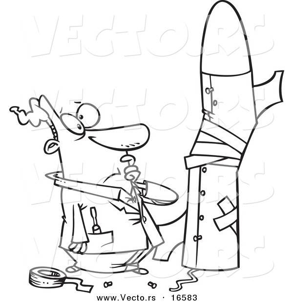 Vector of a Cartoon Man Building a Bad Rocket - Outlined Coloring Page Drawing