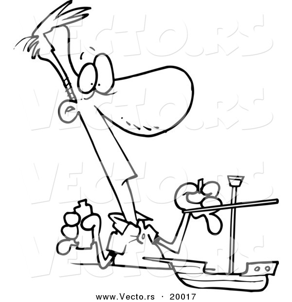 Vector of a Cartoon Man Building a Model Boat - Outlined Coloring Page