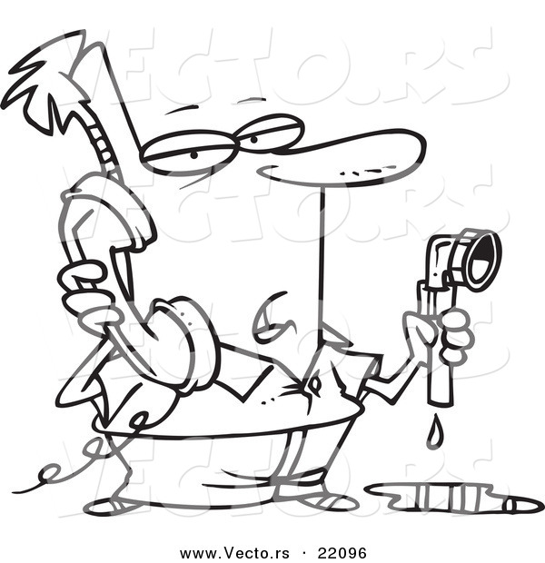 Vector of a Cartoon Man Calling a Plumber - Outlined Coloring Page
