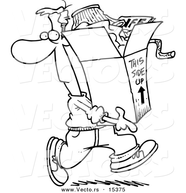 Vector of a Cartoon Man Carrting a Box of Junk - Coloring Page Outline