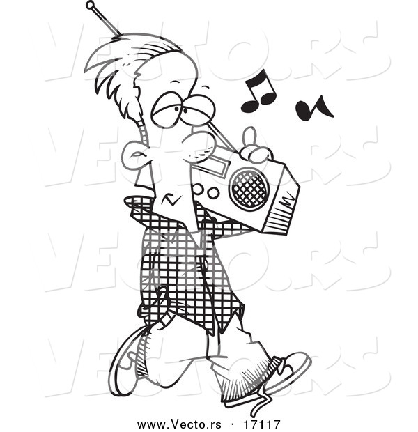 Vector of a Cartoon Man Carrying a Boom Box - Coloring Page Outline