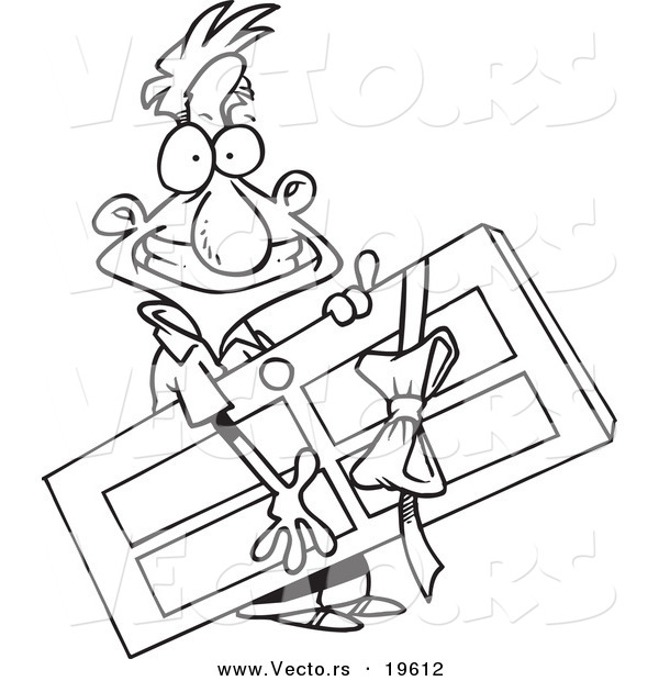 Vector of a Cartoon Man Carrying a Door Prize - Outlined Coloring Page