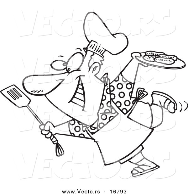 Vector of a Cartoon Man Carrying a Plate of Food to His Bbq - Coloring Page Outline