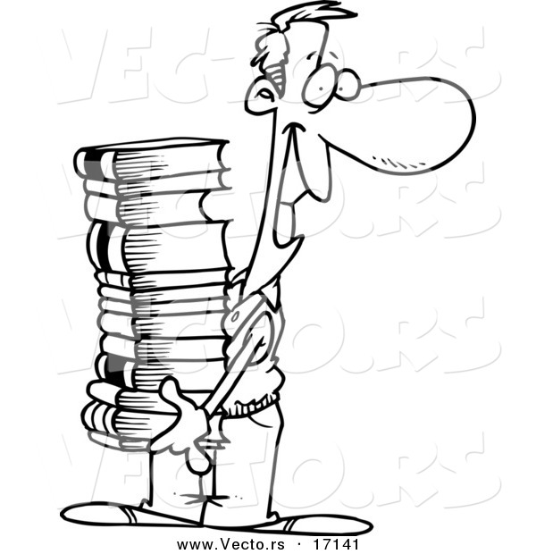 Vector of a Cartoon Man Carrying a Stack of Books - Coloring Page Outline