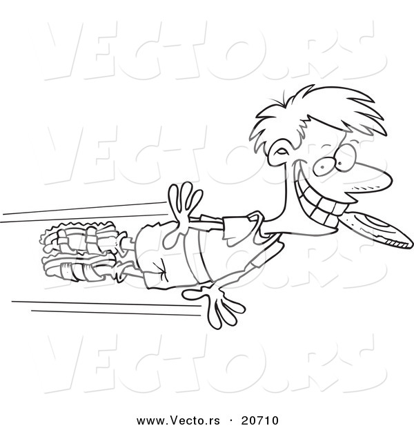 Vector of a Cartoon Man Catching a Frisbee in His Mouth - Coloring Page Outline