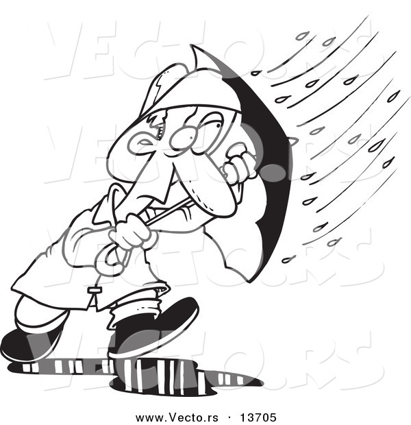 Vector of a Cartoon Man Caught in a Nasty Rain Storm - Coloring Page Outline