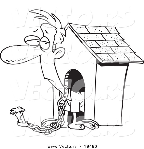 Vector of a Cartoon Man Chained by a Dog House - Outlined Coloring Page