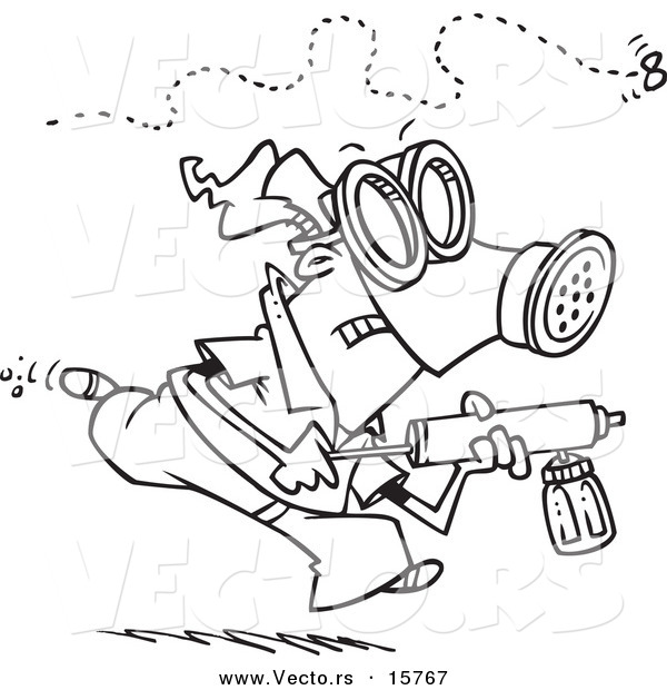 Vector of a Cartoon Man Chasing down an Annoying Fly with Bug Spray - Outlined Coloring Page Drawing