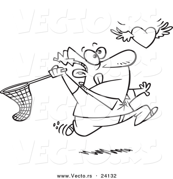 Vector of a Cartoon Man Chasing Elusive Love with a Net - Coloring Page Outline