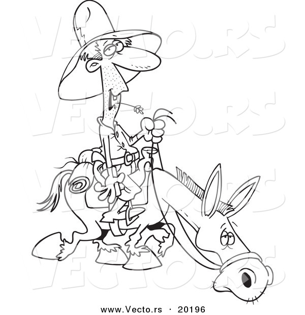 Vector of a Cartoon Man Chewing on Straw and Riding a Horse - Outlined Coloring Page